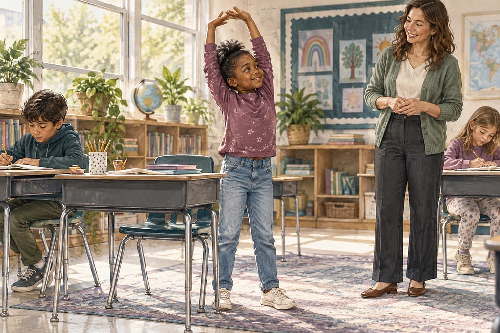 A student stretches beside her classroom desk while her teacher gives her space.