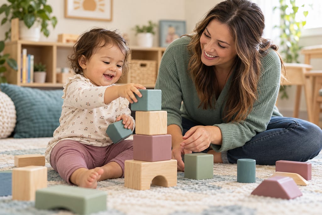 Illustrative image of a therapist playing with an approximately 18-month-old child using large stacking blocks.