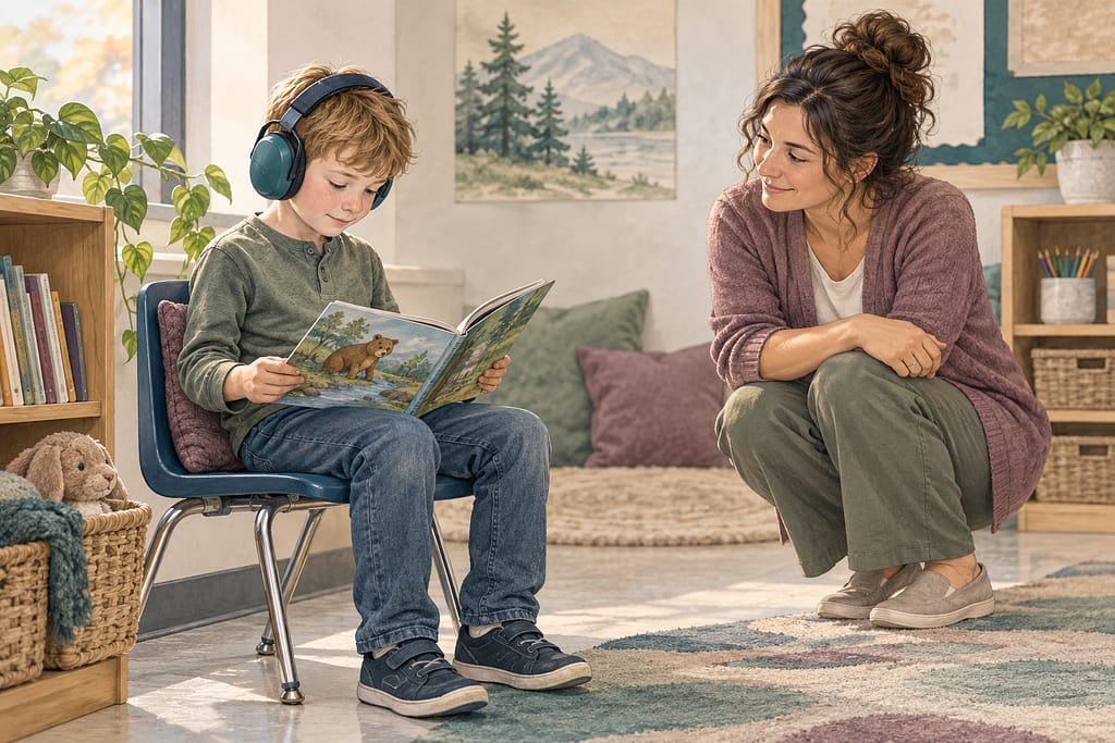 A student reads with noise-reducing headphones in a quiet classroom space while a teacher sits nearby.