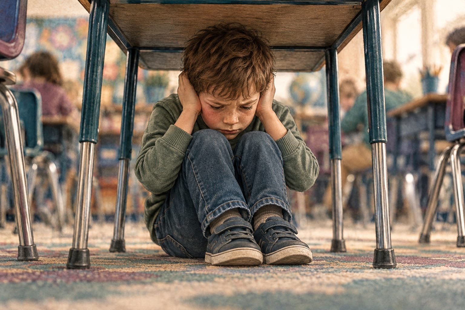 A boy sits beneath a classroom desk with his hands covering his ears and a worried expression.