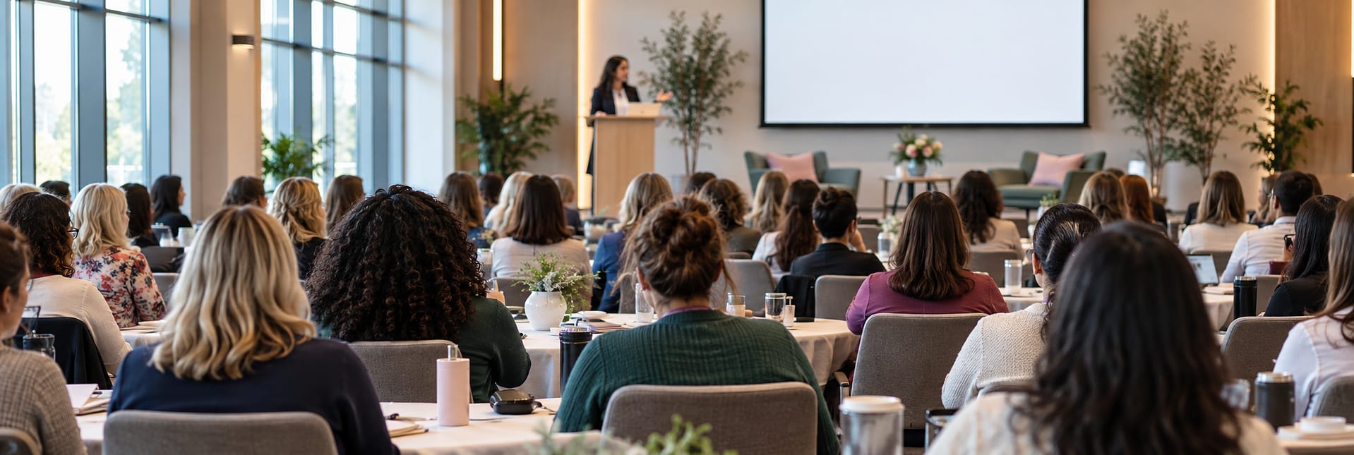 Therapists attending a professional education conference with a presenter at the front of the room.